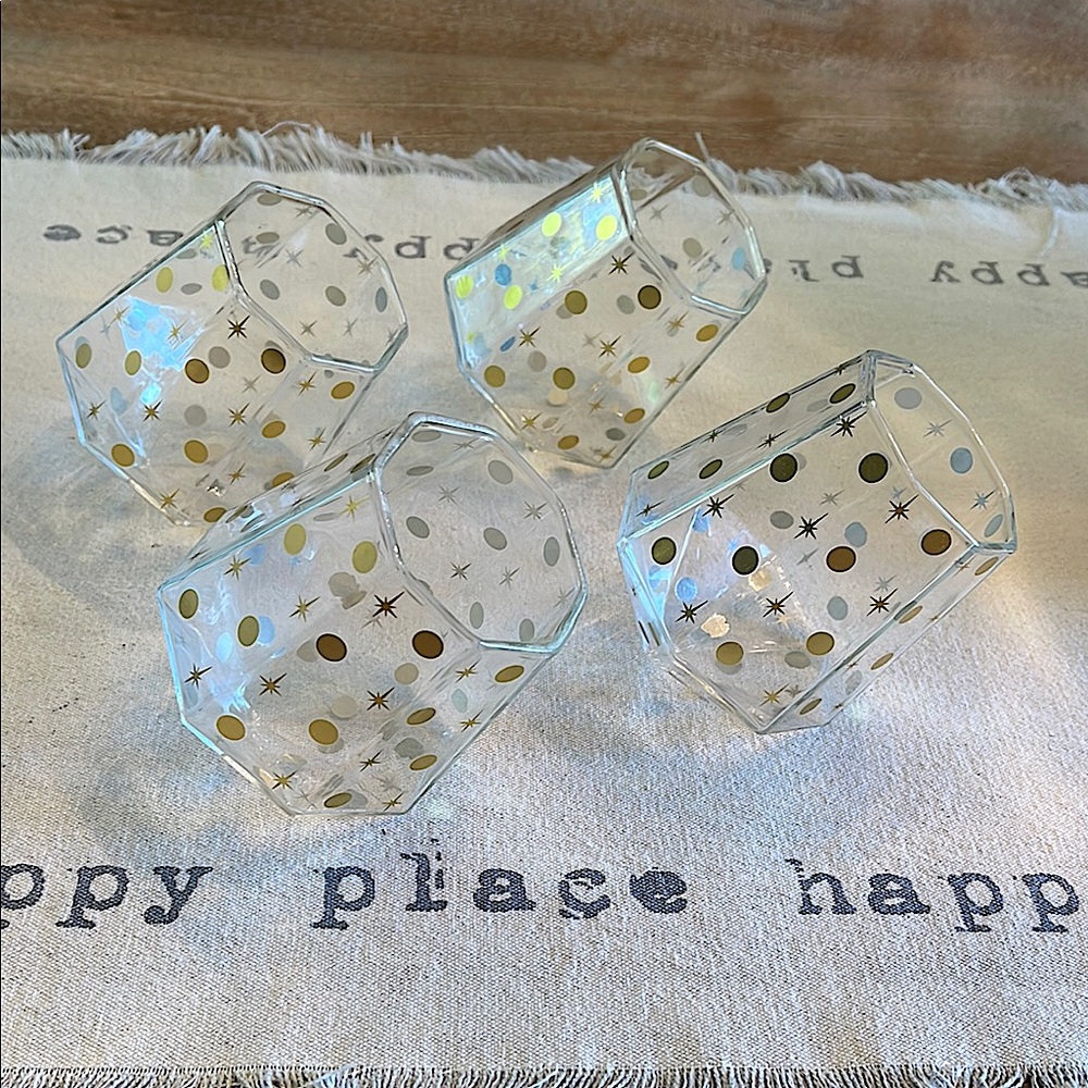 Chic & Tonic Diamond shaped Gold Polka Dots & Stars Party Glasses Set/ 4
